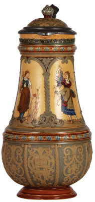 Mettlach stein, 2.3L, 13.0" ht., 1951, etched, inlaid lid, repaired chips on top rim & cracks on handle.