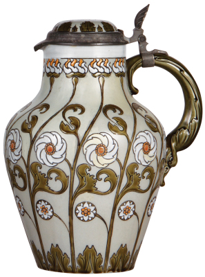 Mettlach stein, 4.4L, 12.5" ht., 2098, mosaic, inlaid lid, crack repaired, some yellowing on body.