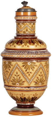 Mettlach stein, 3.1L, 15.2" ht., 1313, mosaic, inlaid lid, inlay has a hairline crack.