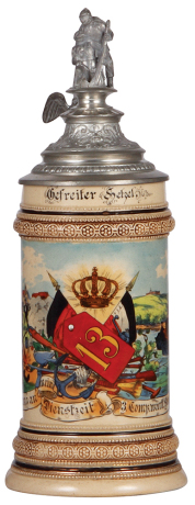 Regimental stein, .5L, 11.0'' ht., pottery, 3. Comp., Pion. Bataillon No. 13, Ulm, 1900 - 1902, two side scenes, roster, eagle thumblift, named to: Gefreiter Hetzel, mint.