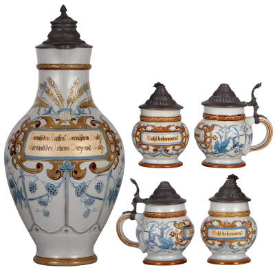 Five Mettlach steins, 3.0L, 1738, mosaic, pewter lid, mint; with four steins, .25L, 1744, mosaic, pewter lids, one cracked, three are mint.