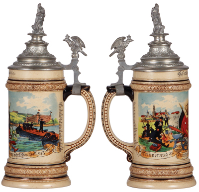 Regimental stein, .5L, 11.0'' ht., pottery, 3. Comp., Pion. Bataillon No. 13, Ulm, 1900 - 1902, two side scenes, roster, eagle thumblift, named to: Gefreiter Hetzel, mint. - 2