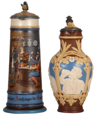 Two Mettlach steins, 2.7L, 2428, etched, inlaid lid, base repaired; with, 3.0L, 1736, relief, inlaid lid, base & inlay repaired.