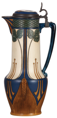 Mettlach stein, 3.0L, 15.7" ht., 2912, etched, Art Nouveau, inlaid lid, repaired body & handle, interior color turned yellow.