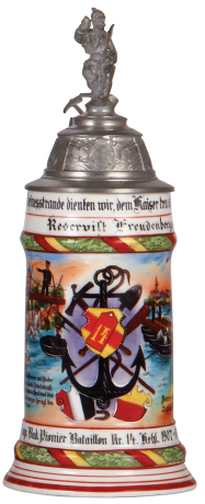 Regimental stein, .5L, 11.1'' ht., porcelain, 3. Comp., Pionier Bataillon Nr. 14, Kehl, 1907 - 1909, two side scenes, roster, anchor thumblift, named to: Reservist Freudenberger, mint.