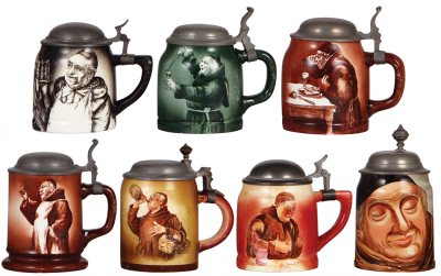 Seven beer steins, .5L, four porcelain, three pottery, Monk decorations, pewter lids, all have some scratches or normal wear, one has a glaze streak in the rear.