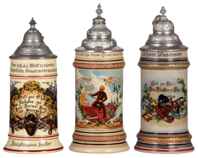 Three steins, .5L, transfer & hand-painted, two pottery & one stoneware, all are Occupational Feuerwehrmann [Fireman], pewter lids, all mint.