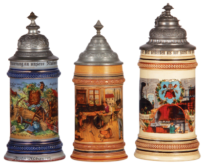 Three steins, .5L, stoneware, transfer & hand-painted, Occupational Landmann [Farmer], pewter lid, small glaze flakes, good repair of pewter tear; with, .5L, pottery, transfer & hand-painted, Occupational Sattler [Saddle Maker], pewter lid, 1" hairline, g