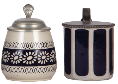 Two stoneware steins, .5L, marked Marzi & Remy, 2311, Art Nouveau, pewter lid, mint; with, .5L, transfer & handpainted, marked 6117, made by Marzi & Remy, pewter lid by Gebrüder Tannhauser, very slight pewter tear, body mint.