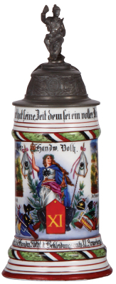 Regimental stein, .5L, 10.9'' ht., porcelain, Handw. Abthl. d. Bekleidungsamts XI. Armeekorps, Kassel, 1902 - 1904, two side scenes, roster, eagle thumblift, named to: Oek. Handw. Volk, mint. - 3