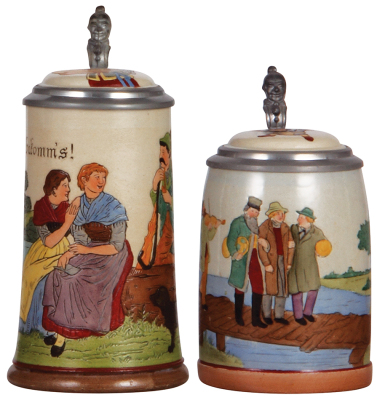 Two stoneware steins, .5L, etched, both by Marzi & Remy, #1898 & #1636, both have inlaid lids, mint.