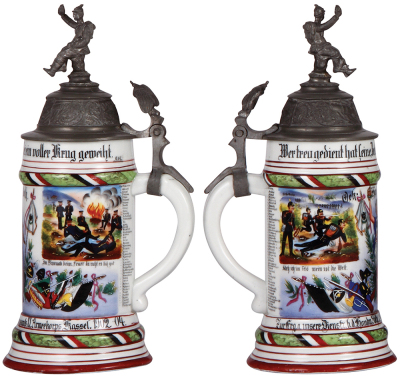 Regimental stein, .5L, 10.9'' ht., porcelain, Handw. Abthl. d. Bekleidungsamts XI. Armeekorps, Kassel, 1902 - 1904, two side scenes, roster, eagle thumblift, named to: Oek. Handw. Volk, mint. - 4