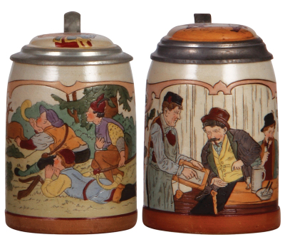 Two pottery steins, .5L, etched, marked 1635 & 1617, by Marzi & Remy, both have inlaid lids, both mint.