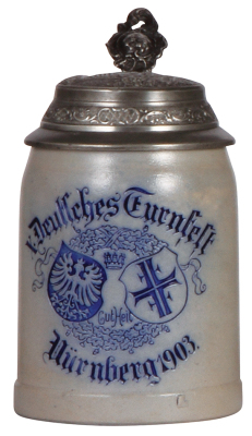 Stoneware stein, .5L, etched, X. Deutsches Turnfest, Nürnberg 1903, relief pewter lid of Nürnberg, good pewter tear repair, 3" hairline on side.