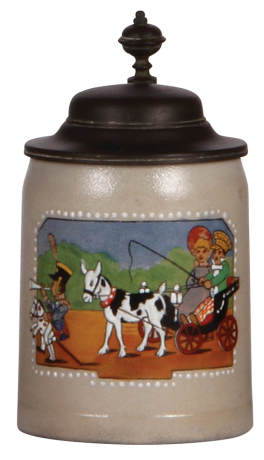 Stoneware stein, .25L, transfer & hand-painted, children, pewter lid, mint.