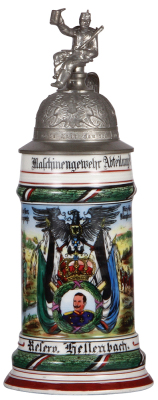 Regimental stein, .5L, 11.1'' ht., porcelain, Maschinengewehr Abteilung No. 2. Bitsch, 1906 - 1908, two side scenes, roster, visible stanhope in eagle thumblift, named to: Reserv. Hellenbach, mint.