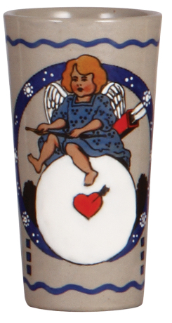 Stoneware beaker, .25L, transfer & enameled, Angel, design by F. Ringer, glaze flakes.