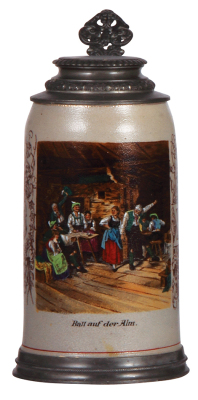 Stoneware stein, 1.0L, transfer & hand-painted, Ball auf der Alm, pewter lid & footring, mint.