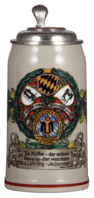 Stoneware stein, 1.0L, transfer, c.1970,  Special Nähmaschinen - Fabrik München, J. Strobel v. Söhne, pewter lid with matching brass coin in center, minor black paint flakes.