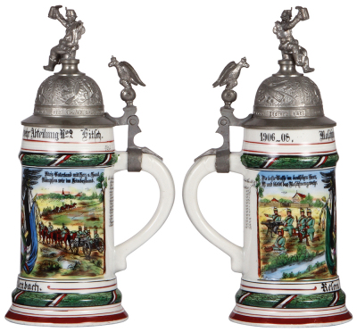 Regimental stein, .5L, 11.1'' ht., porcelain, Maschinengewehr Abteilung No. 2. Bitsch, 1906 - 1908, two side scenes, roster, visible stanhope in eagle thumblift, named to: Reserv. Hellenbach, mint. - 2