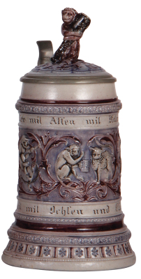 Stoneware stein, .5L, relief, monkeys, saltglaze, inlaid lid, music box base, no music box, finial re-glued.