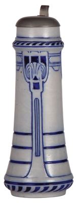 Stoneware stein, 10.2'' ht., relief, marked 1328E, made by S.P. Gerz, designed by Karl Görig, blue saltglaze, Art Nouveau, pewter lid, mint.