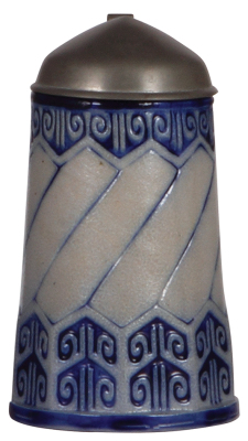 Stoneware stein, .5L, relief, marked 1457B, made by S. P. Gerz, designed by Paul Wynand, blue saltglaze, Art Nouveau, pewter lid, mint.