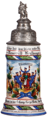 Regimental stein, .5L, 11.0" ht., porcelain, 1. Comp., Corps Bekl. Amt., Würzburg, 1905 - 1907, two side scenes, roster, lion thumblift, named to: Reservist Heglberger, mint.