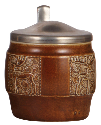 Stoneware stein, .5L, relief, marked: Goebel, modern, brown saltglaze, pewter lid, mint.