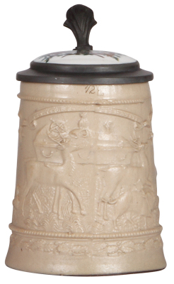 Stoneware stein, .5L, relief, porcelain inlaid lid: 4F, flake on handle.