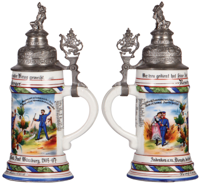 Regimental stein, .5L, 11.0" ht., porcelain, 1. Comp., Corps Bekl. Amt., Würzburg, 1905 - 1907, two side scenes, roster, lion thumblift, named to: Reservist Heglberger, mint. - 2