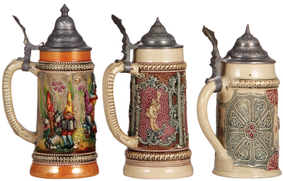 Three Diesinger steins, pottery, .5L, relief, #901, pewter lid; with, .5L, relief, pewter lid; with, .5L, relief, pewter lid, very good condition. - 3