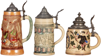 Three Diesinger steins, pottery, .5L, relief, #759, pewter lid; with, .5L, relief, #8, pewter lid dented a little; with, .5L, threading, #1166, pewter lid, small base edge chip, very good condition. - 2