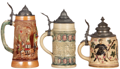 Three Diesinger steins, pottery, .5L, relief, #759, pewter lid; with, .5L, relief, #8, pewter lid dented a little; with, .5L, threading, #1166, pewter lid, small base edge chip, very good condition. - 3