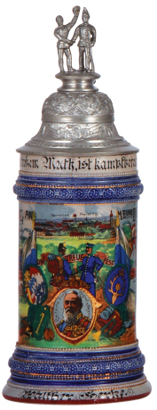 Regimental stein, .5L, 11.0'' ht., stoneware, 4. Comp., Kgl. bayr. 1. Jäger, Freising, 1906 - 1908, four side scenes, roster, lion thumblift, named to: Walther Herke, mint.