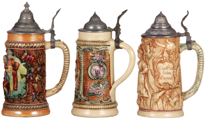 Three Diesinger steins, pottery, .5L, relief, #680, pewter lid; with, .4L, relief, pewter lid; with, .5L, relief, #788, pewter lid, very good condition. - 2