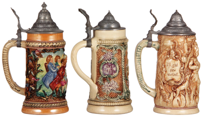 Three Diesinger steins, pottery, .5L, relief, #680, pewter lid; with, .4L, relief, pewter lid; with, .5L, relief, #788, pewter lid, very good condition. - 3