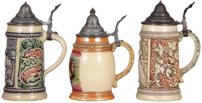 Three Diesinger steins, pottery, .5L, relief, #47, pewter lid; with, .5L, transfer & hand-painted, pewter lid; with, .5L, relief, #44, pewter lid, very good condition. - 2