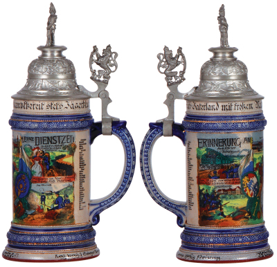 Regimental stein, .5L, 11.0'' ht., stoneware, 4. Comp., Kgl. bayr. 1. Jäger, Freising, 1906 - 1908, four side scenes, roster, lion thumblift, named to: Walther Herke, mint. - 2