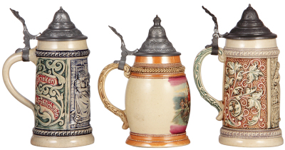 Three Diesinger steins, pottery, .5L, relief, #47, pewter lid; with, .5L, transfer & hand-painted, pewter lid; with, .5L, relief, #44, pewter lid, very good condition. - 3