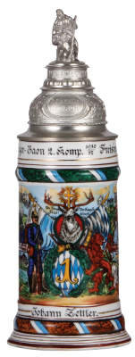 Regimental stein, .5L, 11.5'' ht., porcelain, 2. Komp., 1. Jäger Baon, Freising, Erinnerung an mein Kommando i. München, 1910 - 1912, four side scenes, lion thumblift, named to: Johann Zetter, mint.