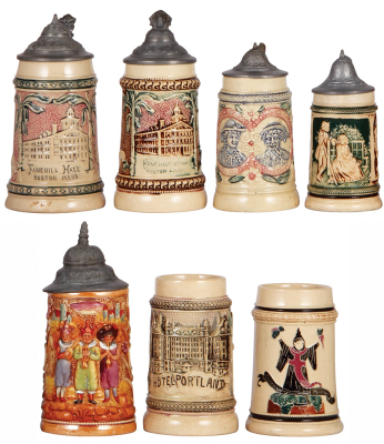 Seven Diesinger steins, pottery, 5.1" to 6.7" ht., relief, 1. Faneuil Hall, Boston, Mass., 2. Faneuil Hall, Boston, Mass., marked store Boston, 3. man & woman, 4. man & woman, #446, 5. #771, no handle & thumblift, 6. Hotel Portland, 7. threading, Munich C