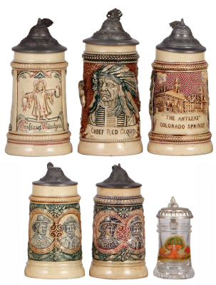Six steins, five Diesinger, pottery, 5.4" to 6.5" ht., relief, 1. Gruss aus München, 2. Chief Red Cloud, thumblift reattached, 3. "The Antlers" Colorado Springs, 4. man & woman, #188, pewter finial repair, 5. man & woman, browning, glass, modern, good con