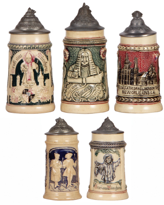 Five Diesinger steins, pottery, 5.0" to 7.1" ht., relief, 1. Gruss aus München, #202, 2. Rainier, Seattle, U.S.A., pewter strap repaired, 3. St. Louis Cathedral & Jackson Square, New Orleans, La., pewter lid has hole on side, 4. man & woman, #882, 5. Grus