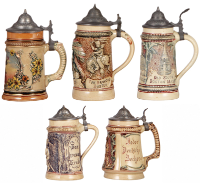 Five Diesinger steins, pottery, 1. threading, thumblift missing & dent, 2. Chief Red Cloud, thumblift missing, 3. Faneuil Hall, Boston, Mass., 4. child on stick horse, 5. Jäger, very good condition. - 2