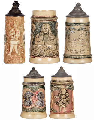 Five Diesinger steins, pottery, 5.0" to 6.2" ht., relief, 1. gnome, pewter lid is new replacement, 2. Rainier Seattle U.S.A., 3. Faneuil Hall, Boston, Mass., 4. man & woman, 5. girl, very good condition.