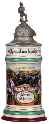 Regimental stein, .5L, 11.0'' ht., porcelain, 6. Comp., Inft. Regt. Nr. 94, Eisenach, 1907 - 1909, two side scenes, roster, eagle thumblift, named to: Reserv. Schmuck, mint.
