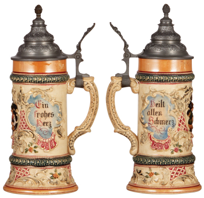 Two Diesinger steins, pottery, relief, #34, pewter lid, hairline on base; with, .5L, 34, pewter lid, pewter tear & dent. - 2