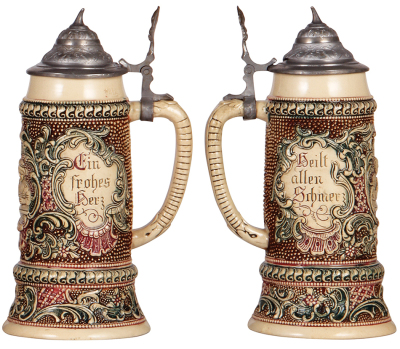 Two Diesinger steins, pottery, relief, #34, pewter lid, hairline on base; with, .5L, 34, pewter lid, pewter tear & dent. - 3