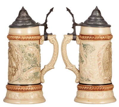 Two Diesinger steins, .5L, pottery, transfer & relief, #619, pewter lid, pewter tear & dent, base hairline; with, .5L, relief, #25, pewter lid has tear repaired. - 2